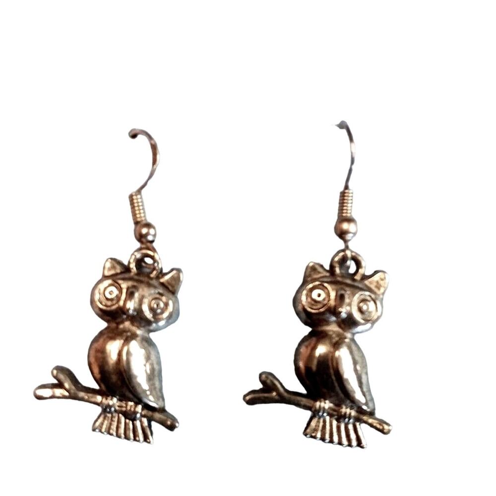 Vintage Owl Earrings 925 Sterling Silver Dangle French Hook Earrings